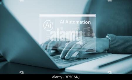 Artificial intelligence automation technology.Digital transformation business concept.Robotic process automation software.Businesswoman working on lap Stock Photo