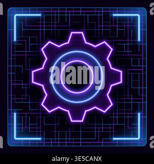 Gear settings icon set, cog wheel icon.Cyber neon futuristic icon. Stock Vector