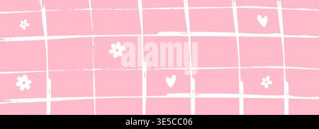 Cute pink grid background with hearts and flowers in soft doodle kawaii style Stock Vector