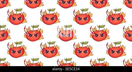 Seamless pattern with spicy cherry devil characters flames and angry kawaii cartoon expressions Stock Vector