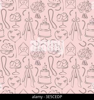 Seamless birthday pattern, cake, candle, bow, bouquet, pearl necklace and party decor, accessories, birthday background Stock Vector