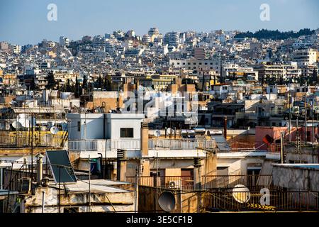 A cityscape view of Athens, Greece as seen from the Athens Key Hotel rooftop. Stock Photo