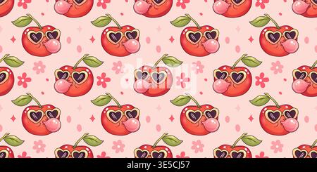 Seamless pattern with cute cherry character wearing heart sunglasses and blowing bubble gum in kawaii cartoon style Stock Vector