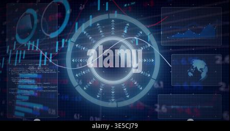 Displaying central circular HUD rotating on blue grid, showing diagonal data line, panels, code Stock Photo