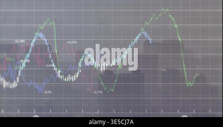Displaying market chart on monitor, showing white candlestick bars with green blue red trend lines Stock Photo