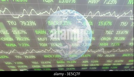 Displaying Earth globe floating over trading dashboard, showing green tickers, white line charts Stock Photo