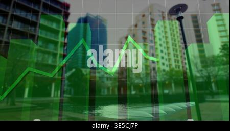 Displaying translucent green chart overlay across city plaza, showing vertical bars and jagged line Stock Photo