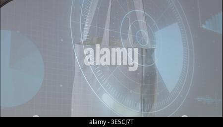 Projecting circular holographic interface overlaying pale fabric panel with seam and straps in lab Stock Photo