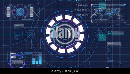 Projecting central holographic HUD rotating dial on virtual dashboard, showing world map and charts Stock Photo