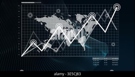Displaying digital dashboard showing dotted world map on screen, with white zigzag line and markers Stock Photo