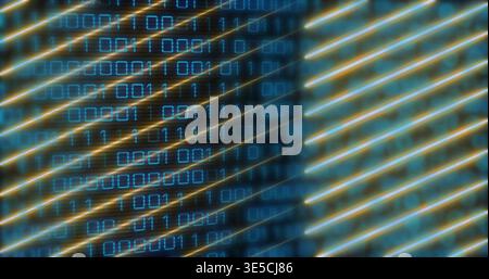 Displaying centered abstract panel of blue binary digits in data stream, with diagonal gold streaks Stock Photo
