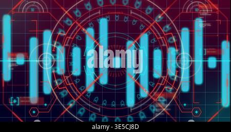 Displaying central circular HUD with concentric rings, cyan tall bars and red lines on dashboard Stock Photo
