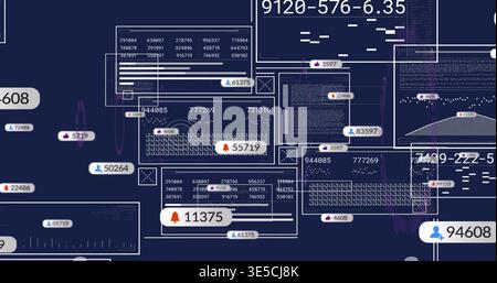 Displaying dense cluster of data panels on dark navy canvas, showing badges, charts, progress bars Stock Photo