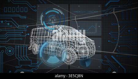 Displaying wireframe SUV model hovering over dark grid in engineering interface, with circular HUDs Stock Photo