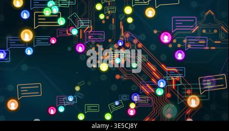 Animating neon circuit traces linking nodes, avatars and chat bubbles on teal-navy gradient Stock Photo