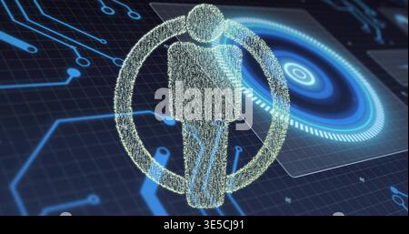 Glowing holographic silhouette hovering inside circular ring above dark grid, showing blue UI Stock Photo