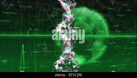 Showing particle globe rotating in virtual HUD, with fragmented helix and data band, copy space Stock Photo