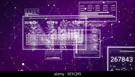 Displaying HUD panels and keyboard grid in cyberspace, linking nodes with flowing data clouds Stock Photo