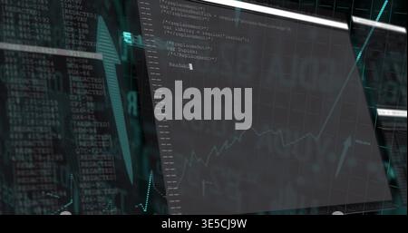 Displaying translucent panel showing XML-like code and rising line chart on dashboard with logs Stock Photo