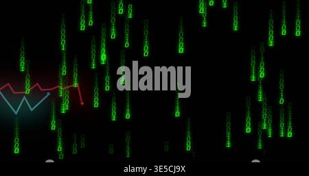 Streaming green binary digits cascading across black, showing teal chart with red node glow Stock Photo