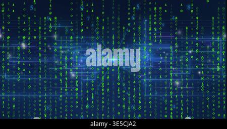Streaming vertical columns of green binary digits flowing across navy cyberspace, with blue flare Stock Photo