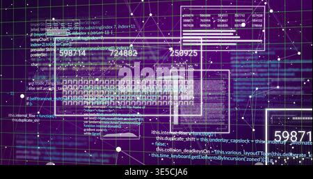 Displaying central dashboard panel and pixel matrix on cyber grid, showing UI panels and counters Stock Photo