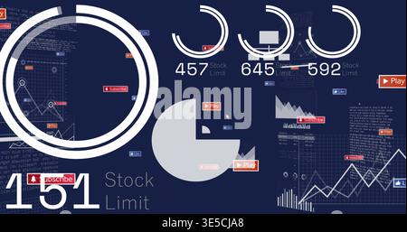 Displaying large concentric rings at left on navy UI, pie chart counters, Play badges, copy space Stock Photo