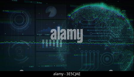 Displaying particle-based globe on right side of virtual dashboard, showing data stream and charts Stock Photo