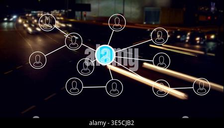 Displaying central blue user node linking to white nodes over urban roadway at night, light trails Stock Photo