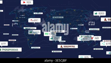 Displaying world map showing network data on navy dashboard, with floating data cards and thumbs-up Stock Photo