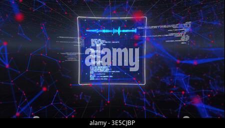 Floating white-framed holographic panel hovering in virtual cyberspace, showing code, cyan waveform Stock Photo