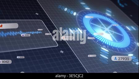 Displaying glowing circular dial scanning on dark grid, showing data panels and numeric badges Stock Photo