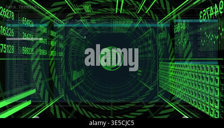 Showing central interface and rings converging in data corridor, with floating panels and grid Stock Photo