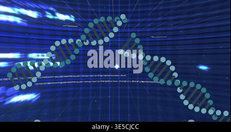 Displaying stylized DNA helices curving across virtual grid, with teal nodes, bars, code and flare Stock Photo