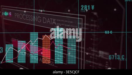 Displaying clustered tiled bar chart centering on dark monitor plane, with magenta and white lines Stock Photo
