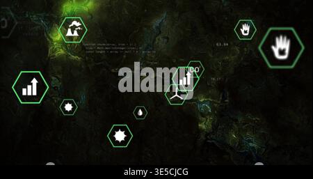 Displaying neon green hexagonal data icons clustering on topographic map, showing telemetry Stock Photo