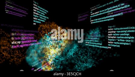 Swirling bicolor particle cloud glowing, trailing sparks in virtual 3D data space, with code panels Stock Photo