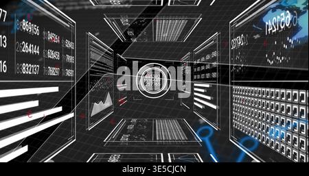 Displaying concentric data HUD pulsing within 3D data corridor, showing digits and charts Stock Photo