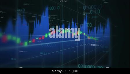 Displaying market chart centered on trading dashboard, with candlestick bars and blue volume Stock Photo