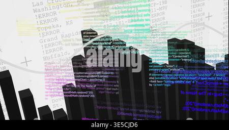 Displaying central cluster black prisms in virtual data view, showing colorful code and ERROR lines Stock Photo