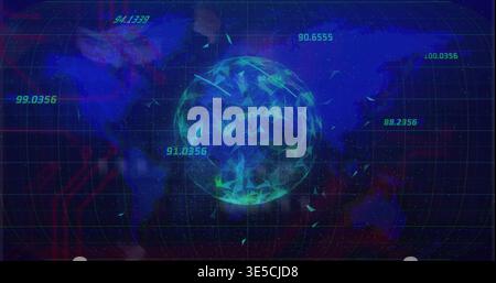 Displaying central polygonal globe emitting shards over curved grid, showing teal readouts Stock Photo