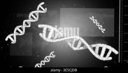Displaying large 3D DNA helix dominating center in lab dashboard, with smaller helices UI sidebar Stock Photo