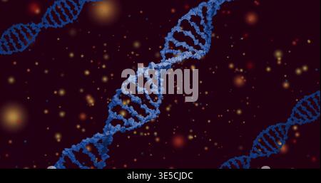 Displaying blue DNA double helix rotating in digital cosmic biotech illustration, with glowing orbs Stock Photo