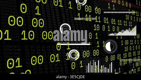 Streaming large neon-green binary digits flowing across virtual dashboard, showing HUD gauges Stock Photo