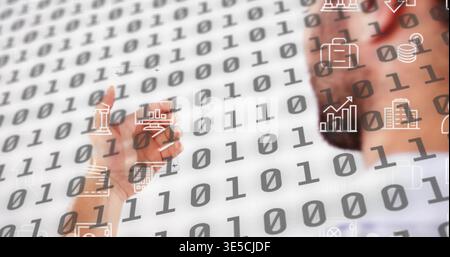 Pointing man in shirt blazer office using stylus on floating icons over binary digits, copy space Stock Photo
