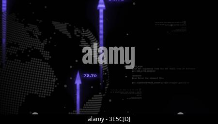 Displaying dotted globe and purple arrows rising on dark analytics dashboard, showing 72 Stock Photo
