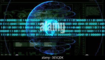Pulsing holographic globe rotating in cyberspace hub, streaming binary band and HUD panels Stock Photo