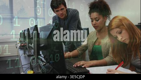 Typing three students collaborating on coding in tech lab with monitors, red pen, binary overlay Stock Photo