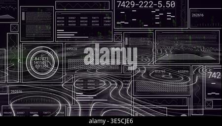 Showing complex dashboard UI streaming layered panels on virtual display, with circular gauge, logs Stock Photo