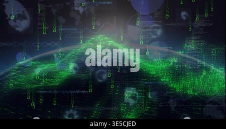Flowing neon-green data mesh forming wave in virtual map, with binary digits 0 and 1, HUD Stock Photo